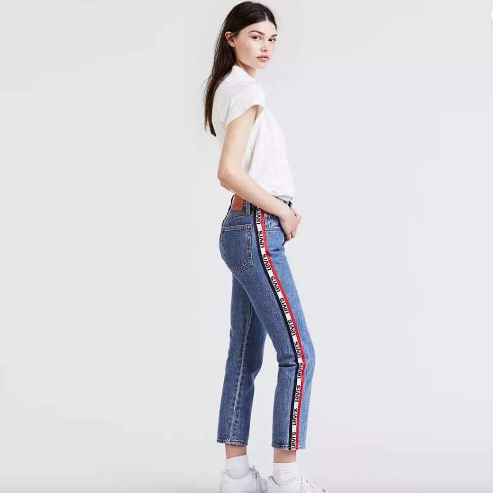 Women's Levi's Premium 501 Logo-Stripe Crop Straight Spectator Sport Side Tape - Picture 4 of 16